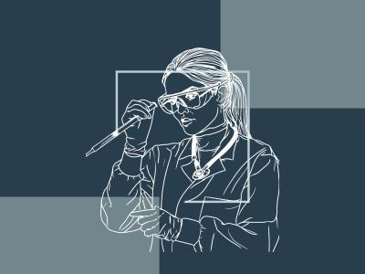 Grafik af kvindelig forsker med sprøjte og beskyttelsesbriller