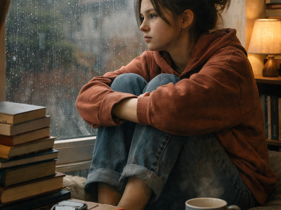 teenagepige kigger ud gennem vinduet, det regner udenfor